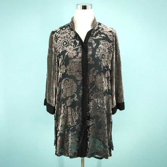 Yi Lin Size Small S Floral Velvet Burn Out Button Long Sleeve Silk Tunic Jacket - Picture 1 of 7